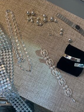 Luxe - Shiny Silver Tone Jewelry Set with Statement Necklaces & Bracelets